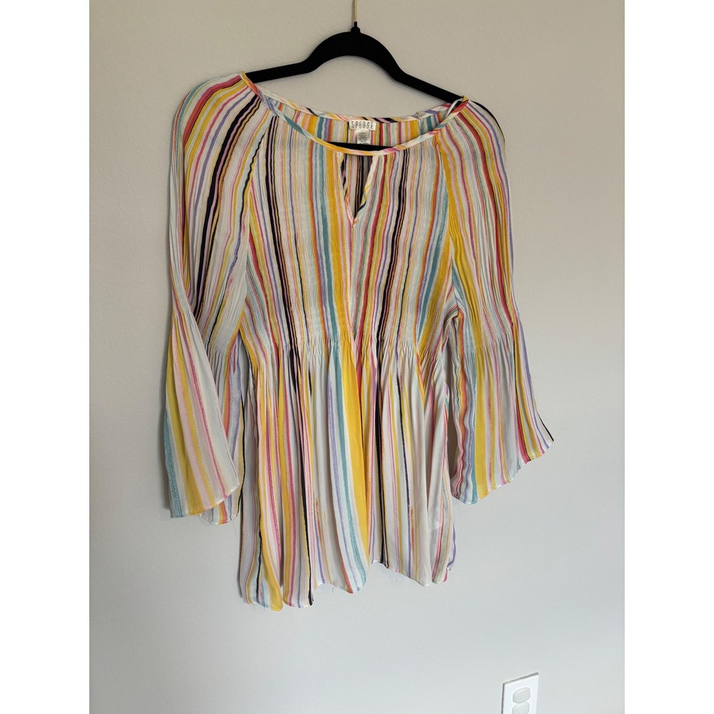 Spense Womens Multi Color Striped Smocked Empire Waist Bell Sleeve Blouse Large